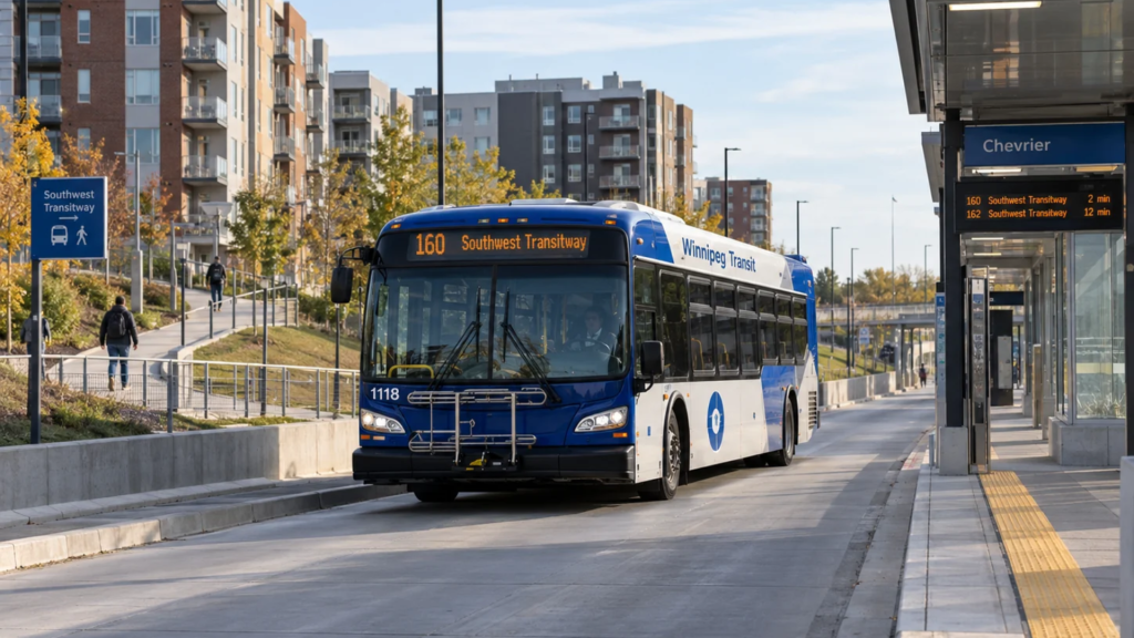 Apartments near rapid transit in Winnipeg with a bus travelling along a dedicated transit route near residential buildings.